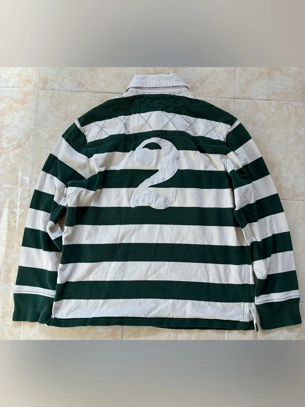 Vintage Ralph Lauren Green and White Embroidered Striped Rugby Polo